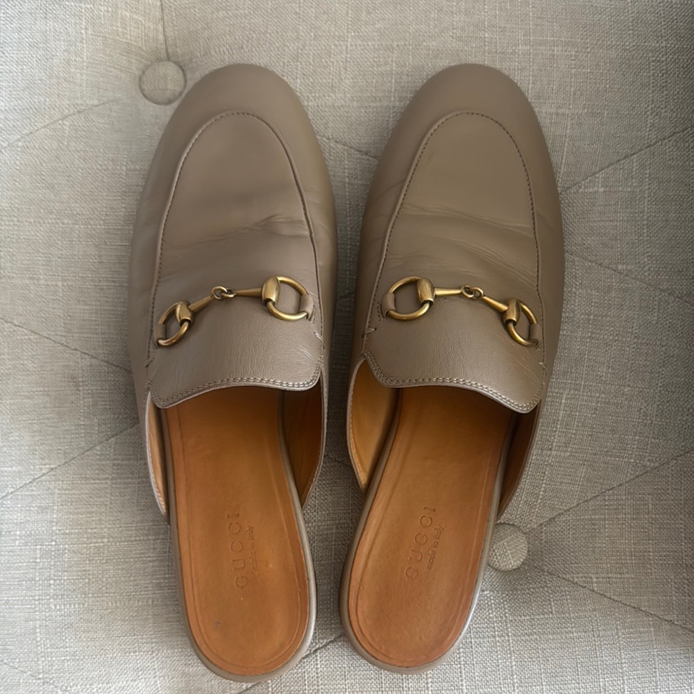 Gucci Tan Mules with Gold Hardware